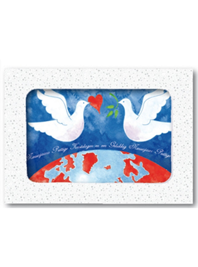 Kerstkaarten doosje 10x 2 duiven aardbol (F12888)