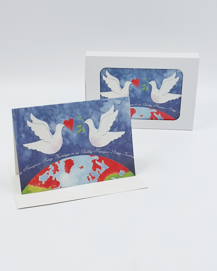 Kerstkaarten doosje 10x 2 duiven aardbol (F12888)