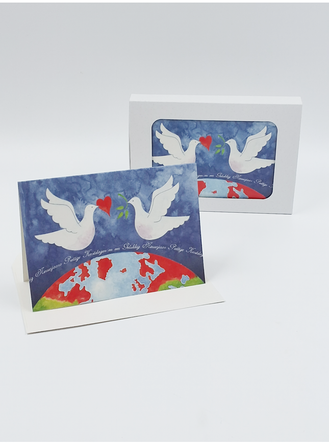 Kerstkaarten doosje 10x 2 duiven aardbol (F12888)
