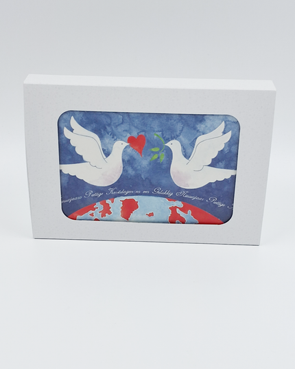 Kerstkaarten doosje 10x 2 duiven aardbol (F12888)