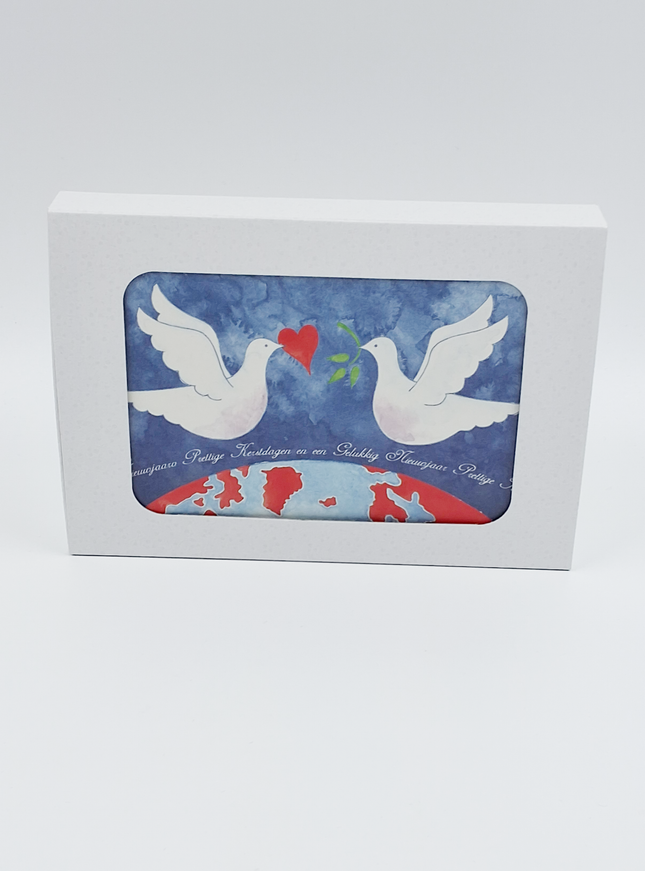 Kerstkaarten doosje 10x 2 duiven aardbol (F12888)