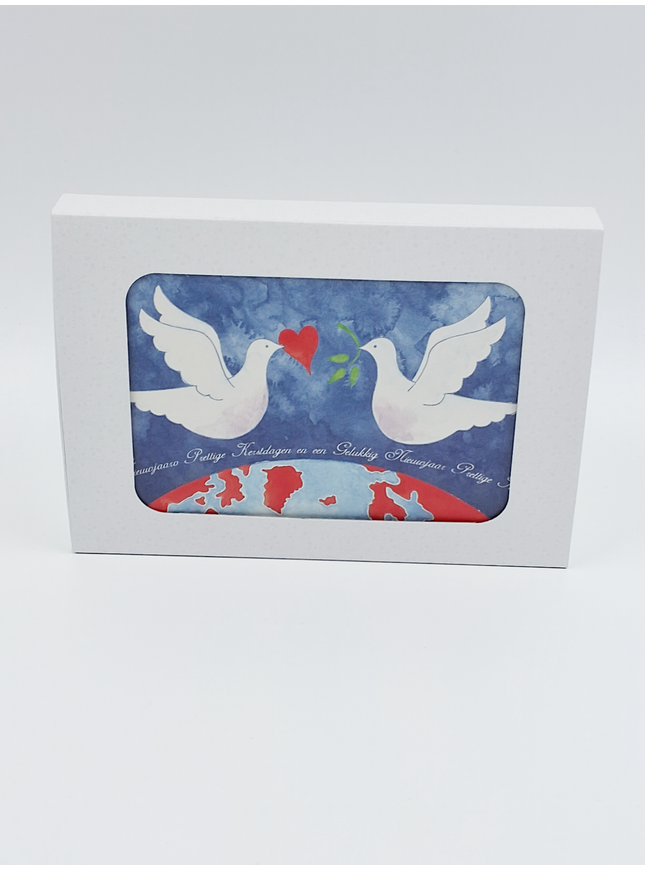 Kerstkaarten doosje 10x 2 duiven aardbol (F12888)