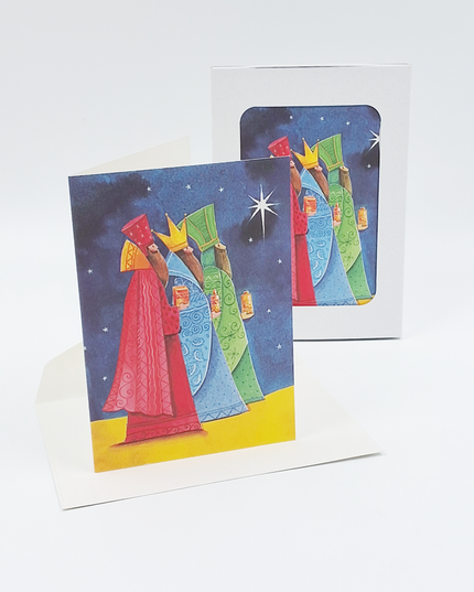 Kerstkaarten doosje 10x drie koningen blauw geel (F12961)