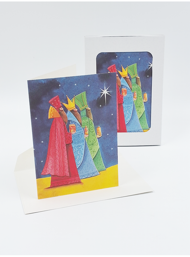 Kerstkaarten doosje 10x drie koningen blauw geel (F12961)