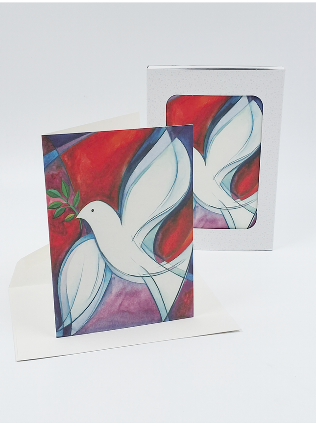 Kerstkaarten doosje 10x kerstduif wit rood (F12962)