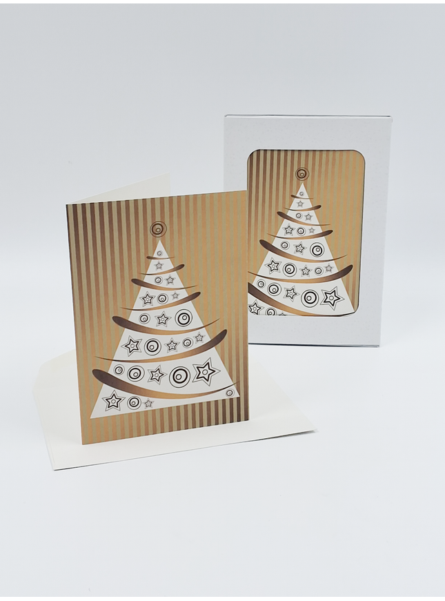Kerstkaarten doosje 10x kerstboom goud (F13004)