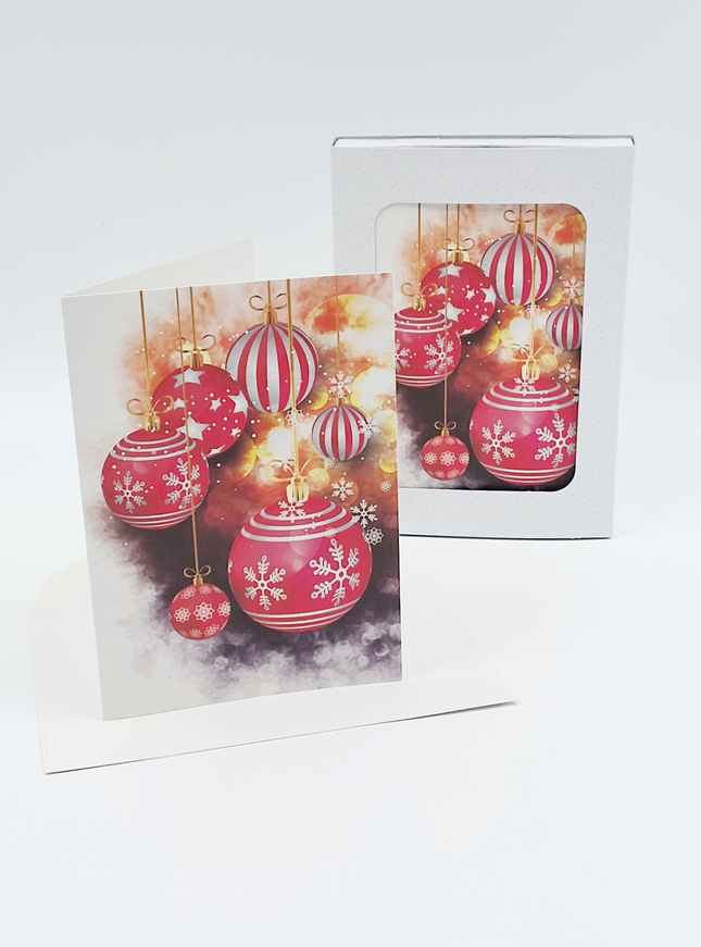 Kerstkaarten doosje 10x kerstballen rood (F13013)