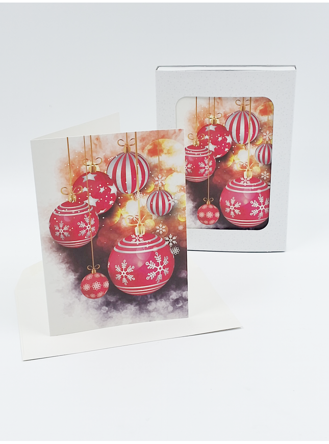 Kerstkaarten doosje 10x kerstballen rood (F13013)