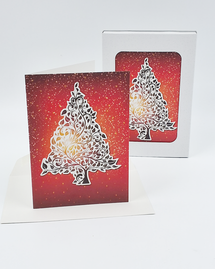 Kerstkaarten doosje 10x kerstboom rood goud (F13015)