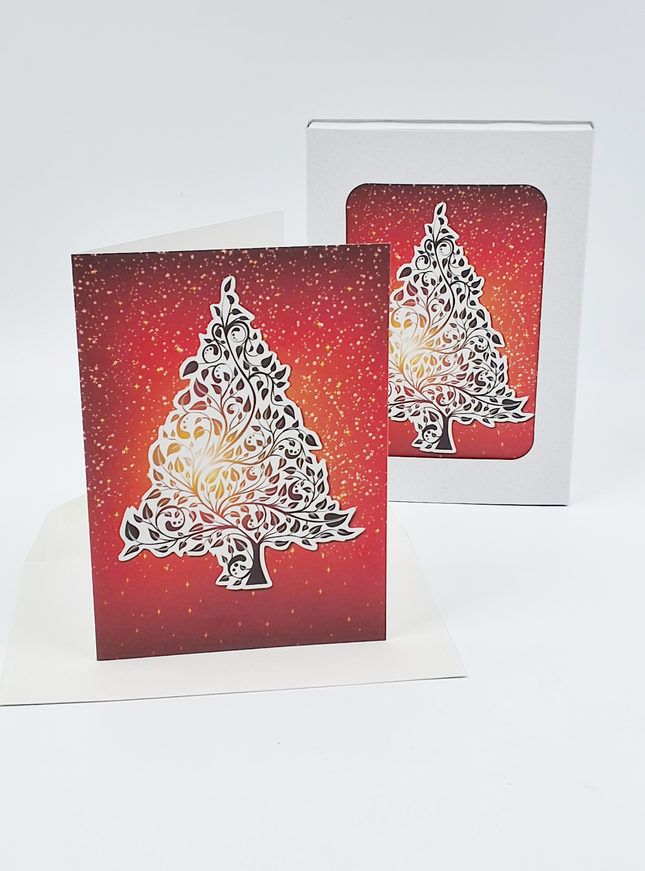 Kerstkaarten doosje 10x kerstboom rood goud (F13015)