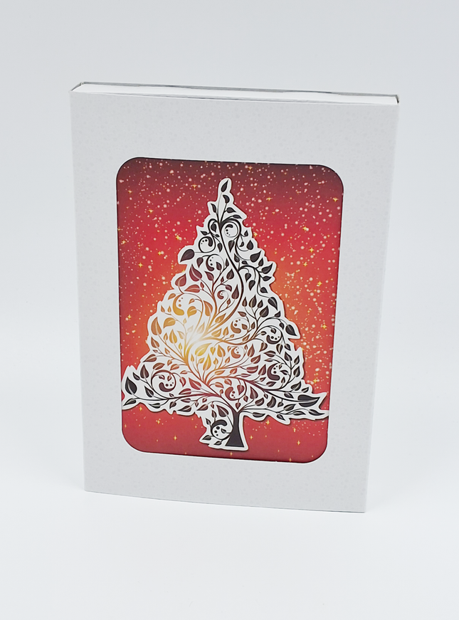 Kerstkaarten doosje 10x kerstboom rood goud (F13015)