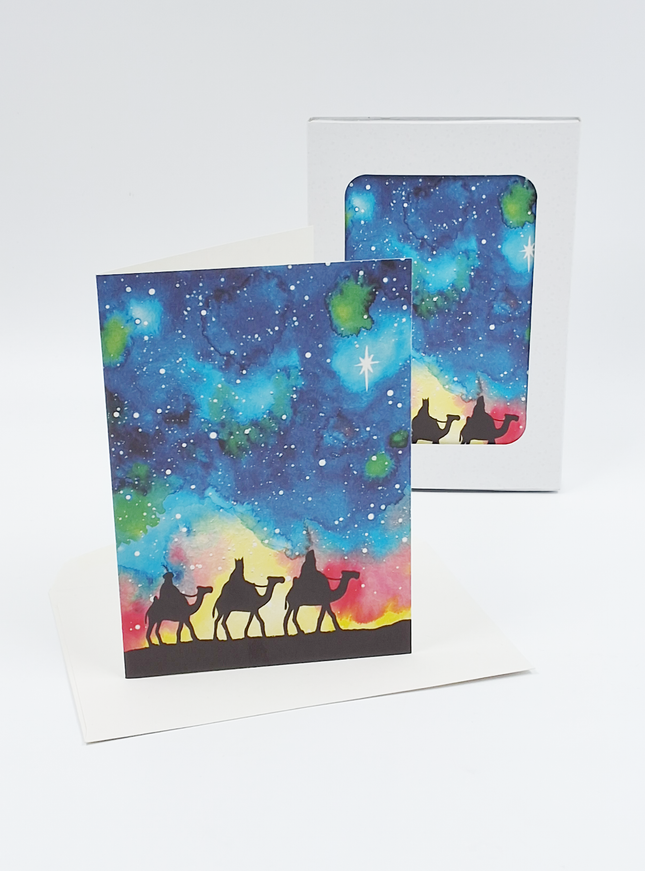 Kerstkaarten doosje 10x 3 koningen met sterrenhemel (F13035)