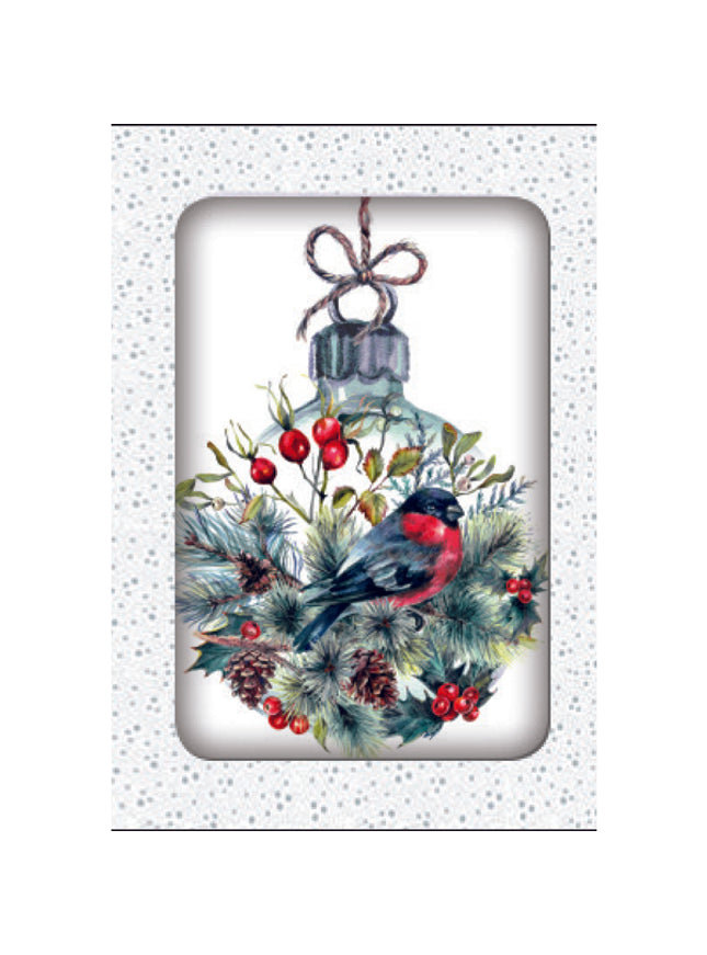 Kerstkaarten doosje 10x kerstbal met vogel (F13037)
