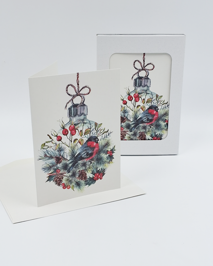 Kerstkaarten doosje 10x kerstbal met vogel (F13037)