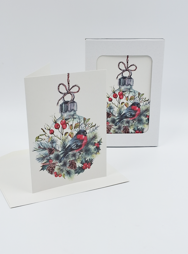 Kerstkaarten doosje 10x kerstbal met vogel (F13037)