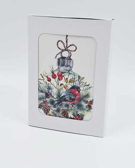 Kerstkaarten doosje 10x kerstbal met vogel (F13037)