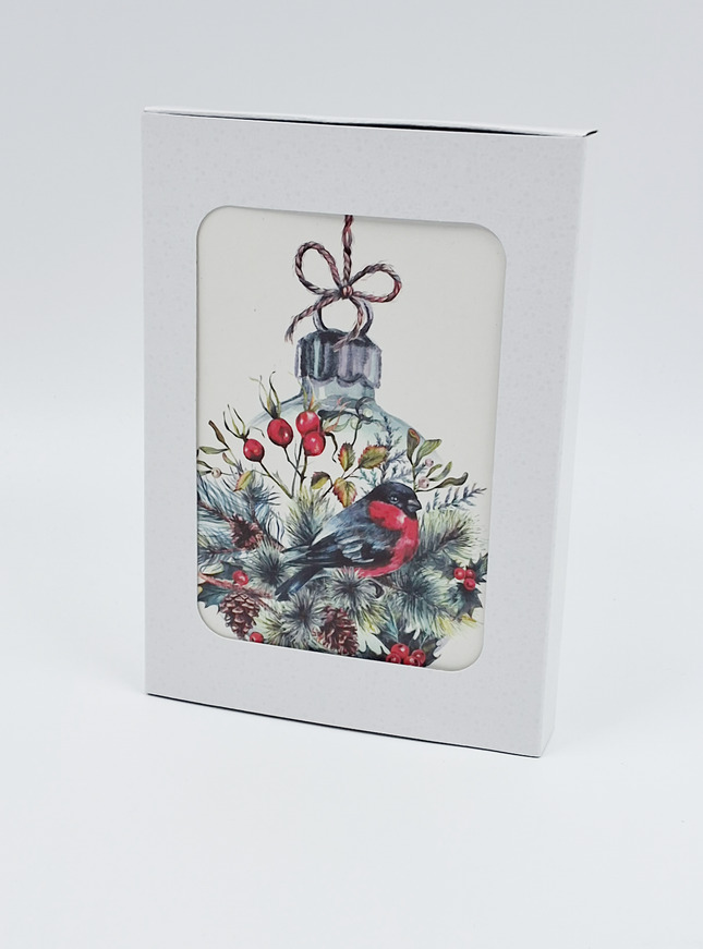 Kerstkaarten doosje 10x kerstbal met vogel (F13037)