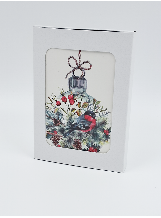 Kerstkaarten doosje 10x kerstbal met vogel (F13037)