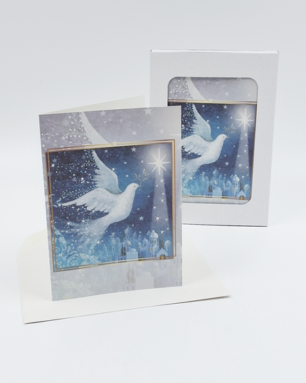 Kerstkaarten doosje 10x duif met ster F13040)