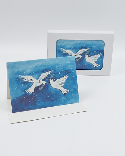 Kerstkaarten doosje 10x duiven met tak (F11629)