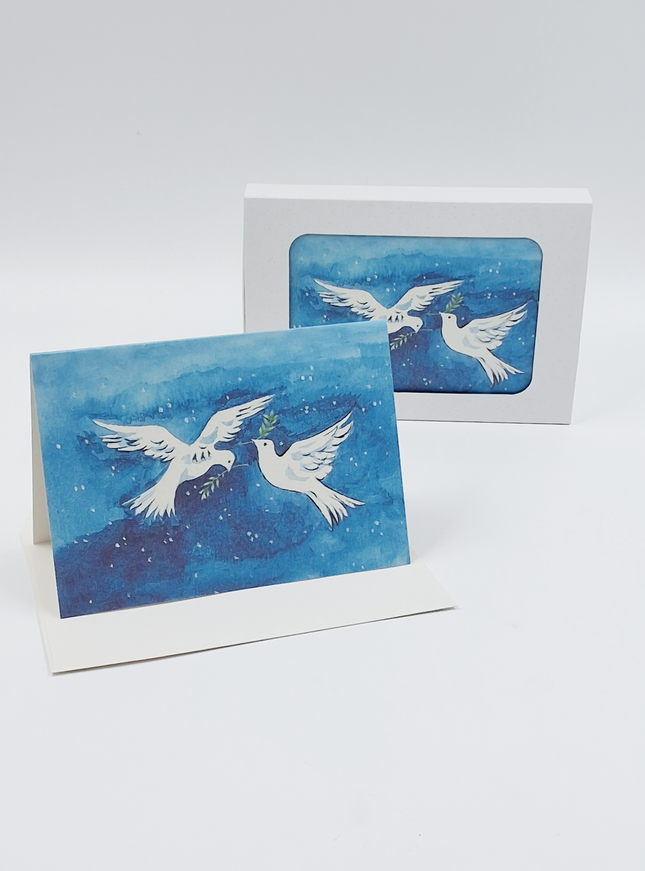 Kerstkaarten doosje 10x duiven met tak (F11629)