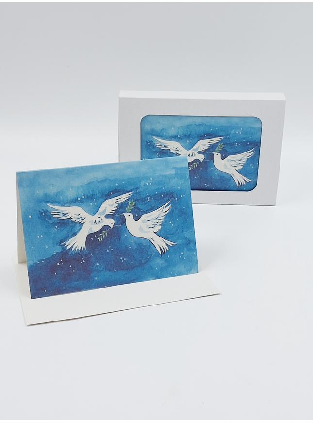 Kerstkaarten doosje 10x duiven met tak (F11629)
