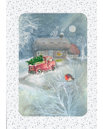Kerstkaarten doosje 10x sneeuwman in bus (F13083)