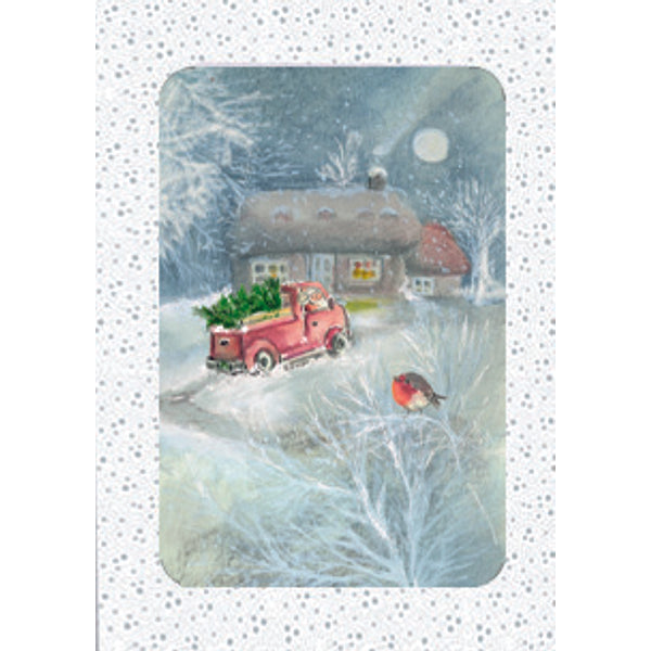 Kerstkaarten doosje 10x sneeuwman in bus (F13083)