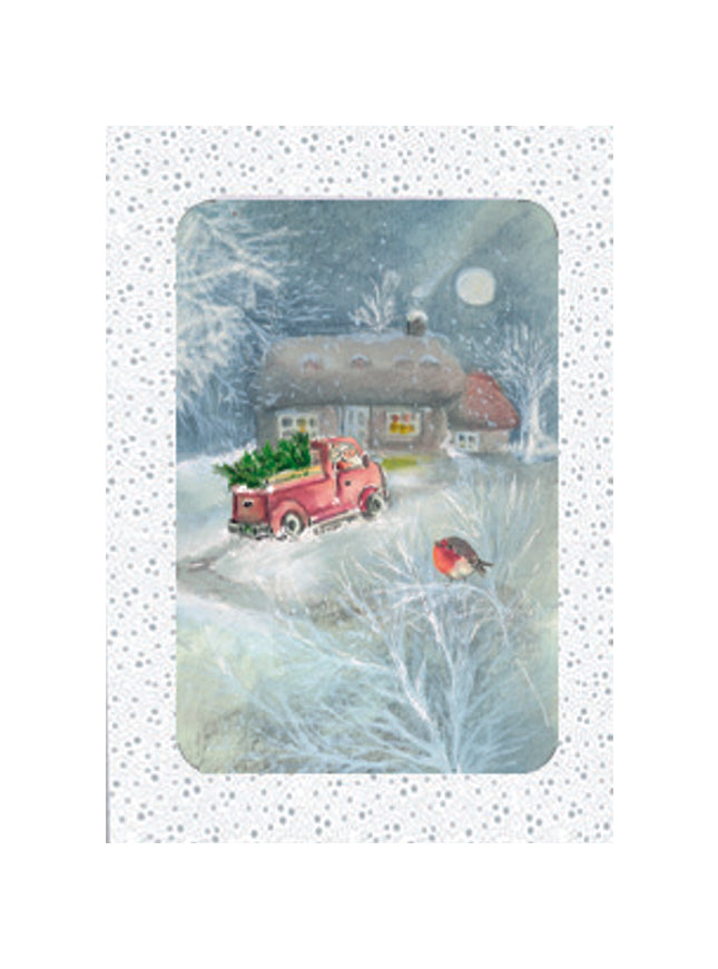 Kerstkaarten doosje 10x sneeuwman in bus (F13083)
