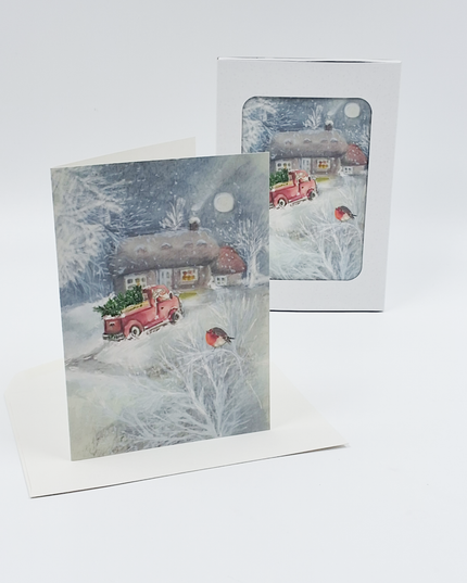 Kerstkaarten doosje 10x sneeuwman in bus (F13083)