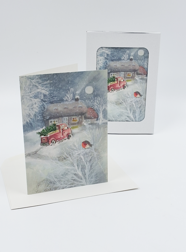 Kerstkaarten doosje 10x sneeuwman in bus (F13083)