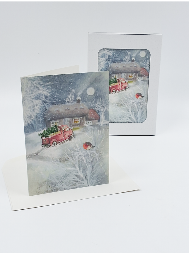 Kerstkaarten doosje 10x sneeuwman in bus (F13083)