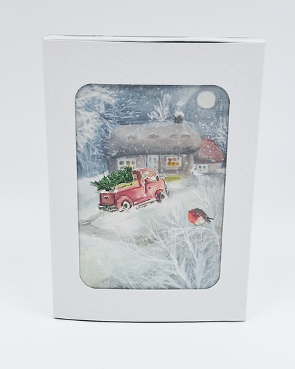 Kerstkaarten doosje 10x sneeuwman in bus (F13083)