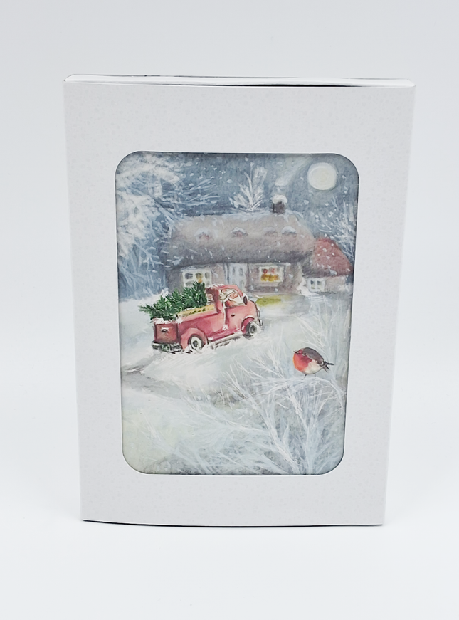 Kerstkaarten doosje 10x sneeuwman in bus (F13083)