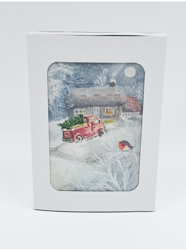 Kerstkaarten doosje 10x sneeuwman in bus (F13083)