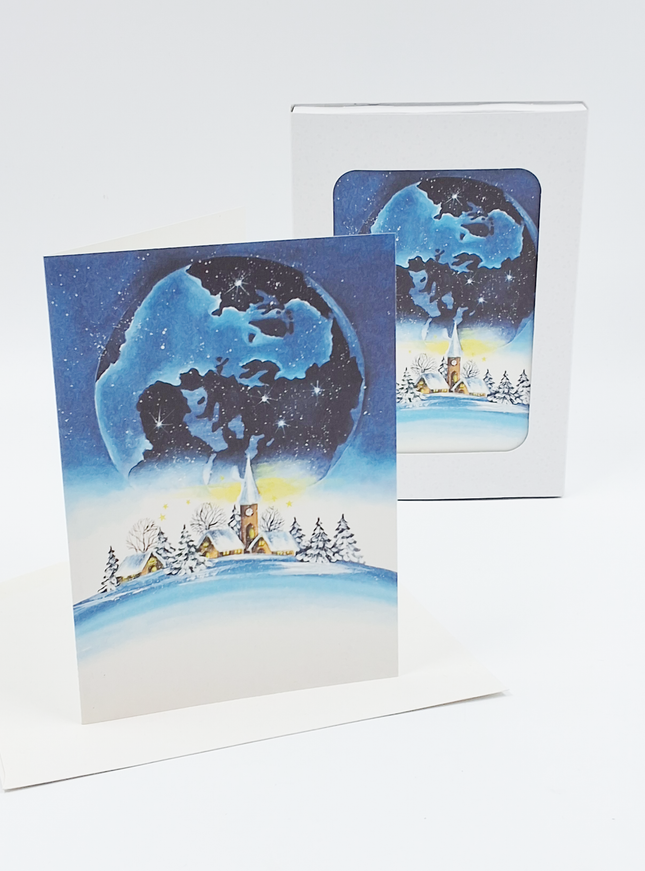 Kerstkaarten doosje 10x blauwe wereldbol (F13084)
