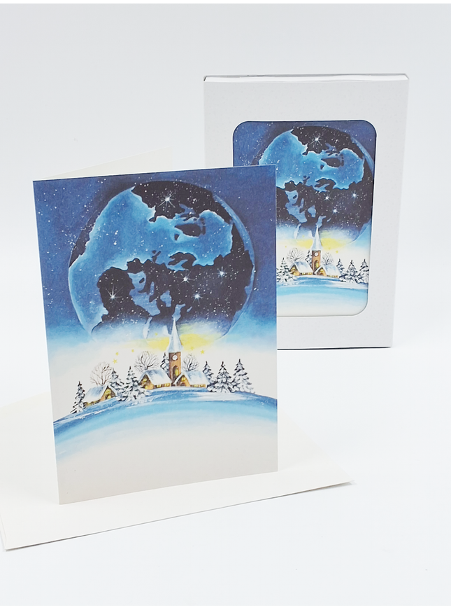 Kerstkaarten doosje 10x blauwe wereldbol (F13084)