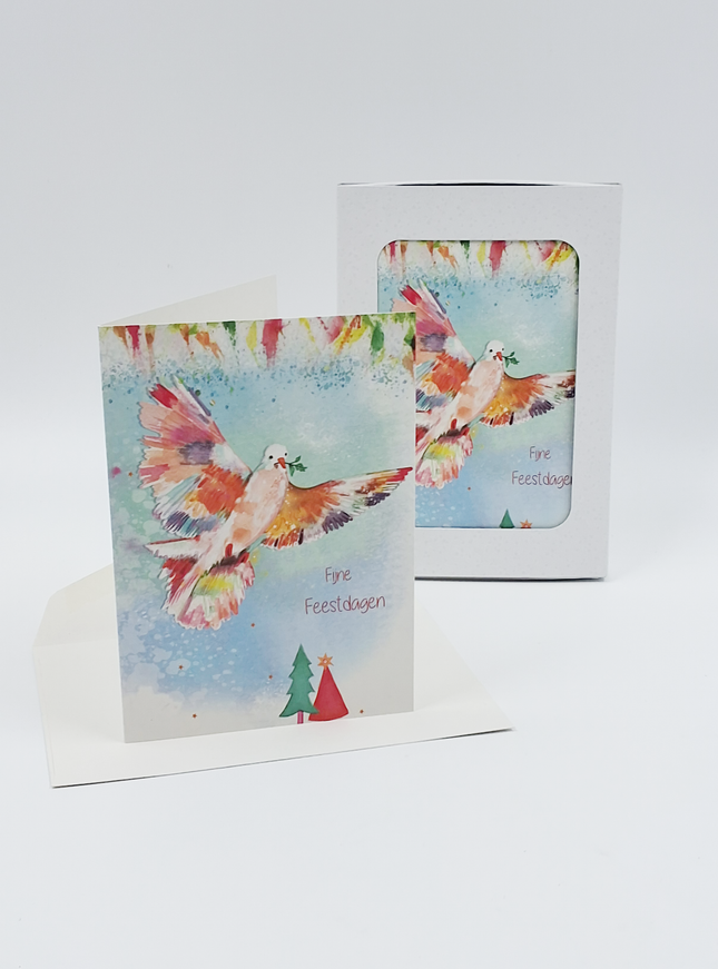 Kerstkaarten doosje 10x kleurrijke duif (F13094)