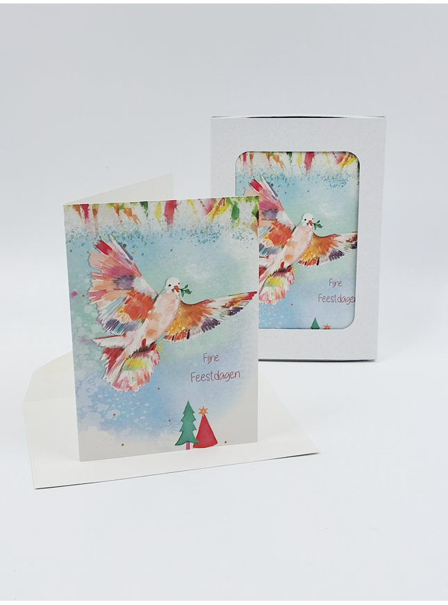 Kerstkaarten doosje 10x kleurrijke duif (F13094)