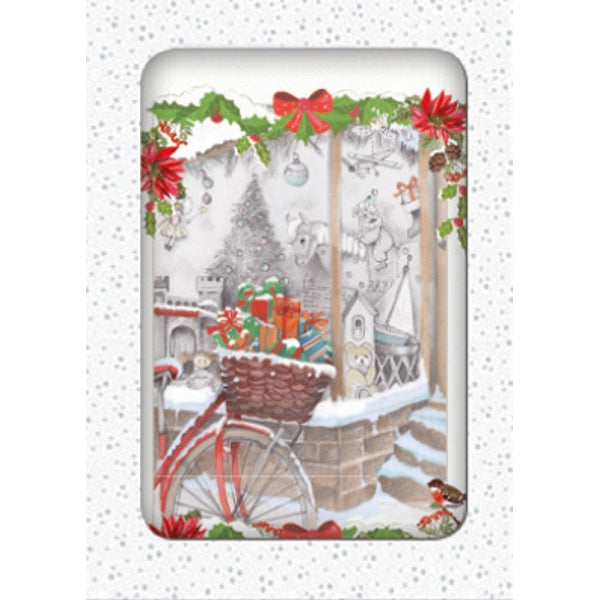 Kerstkaarten doosje 10x fiets met cadeaus (F13095)