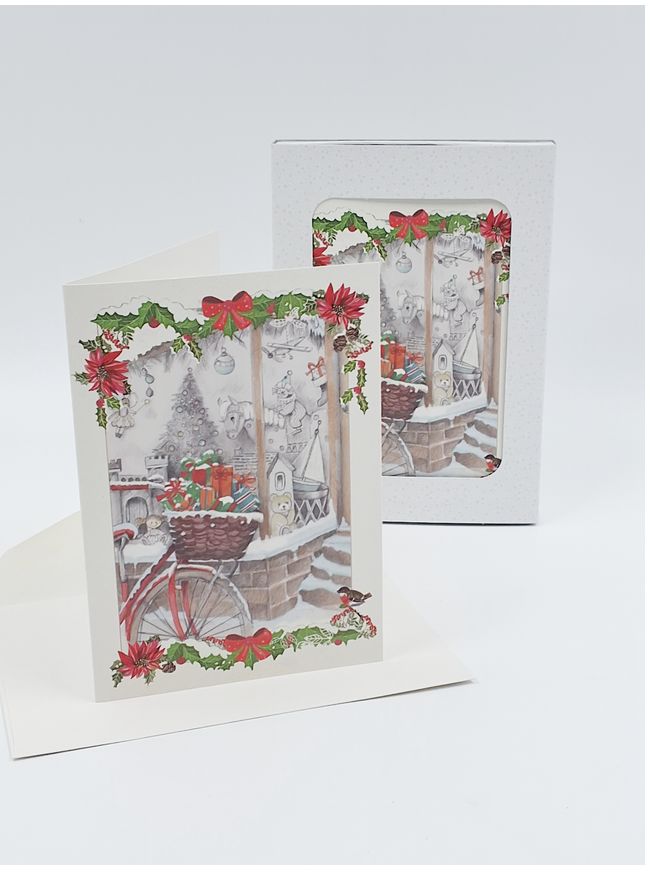 Kerstkaarten doosje 10x fiets met cadeaus (F13095)