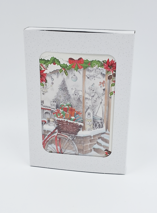 Kerstkaarten doosje 10x fiets met cadeaus (F13095)