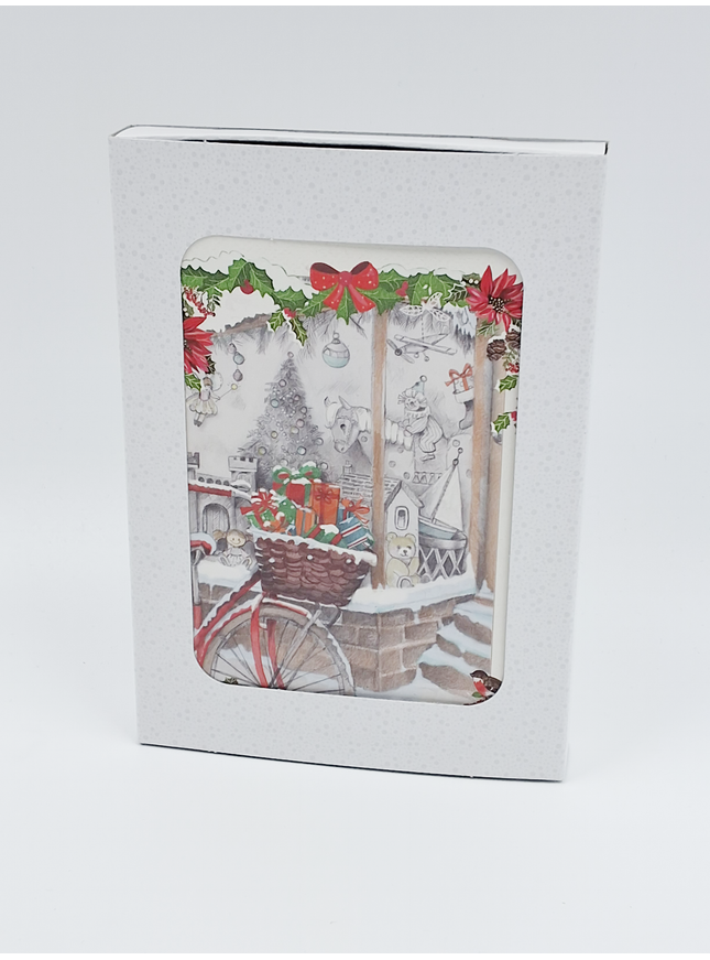 Kerstkaarten doosje 10x fiets met cadeaus (F13095)
