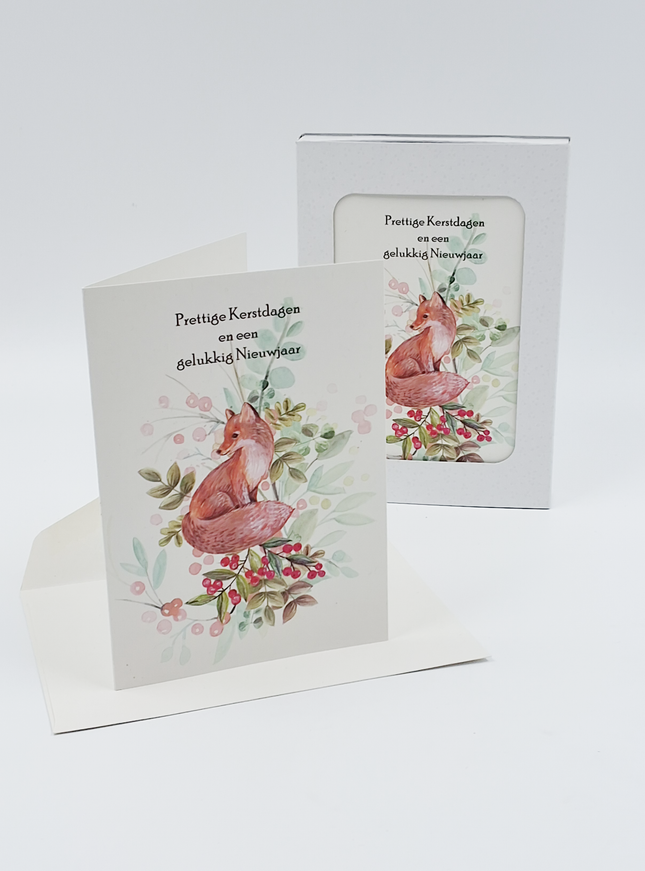 Kerstkaarten doosje 10x vos, "Prettige Kerstdagen en een gelukkig Nieuwjaar" (F13096)