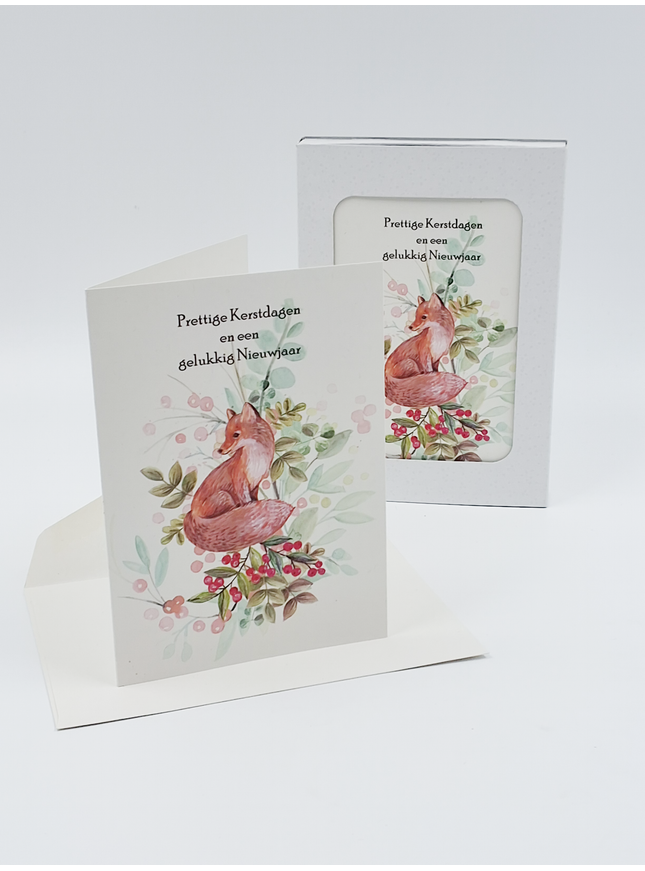 Kerstkaarten doosje 10x vos, "Prettige Kerstdagen en een gelukkig Nieuwjaar" (F13096)