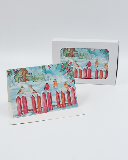Kerstkaarten doosje 10x vogeltjes op hek (F13113)