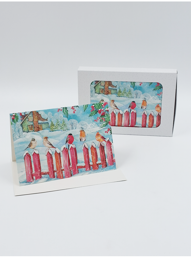 Kerstkaarten doosje 10x vogeltjes op hek (F13113)