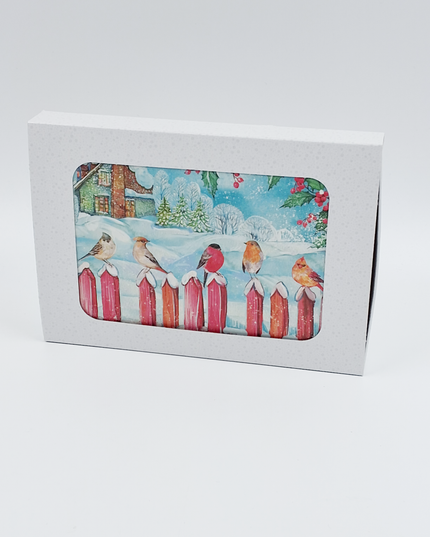 Kerstkaarten doosje 10x vogeltjes op hek (F13113)