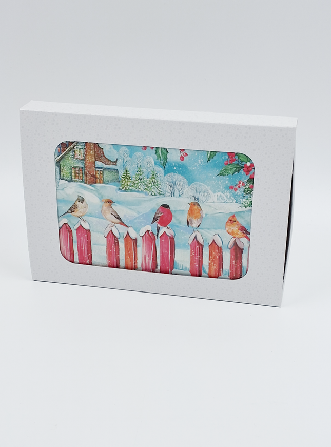 Kerstkaarten doosje 10x vogeltjes op hek (F13113)