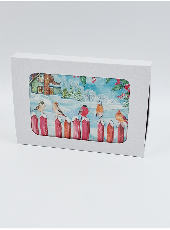 Kerstkaarten doosje 10x vogeltjes op hek (F13113)